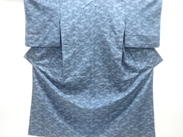 斜め格子に松模様織り出し手織り紬単衣着物